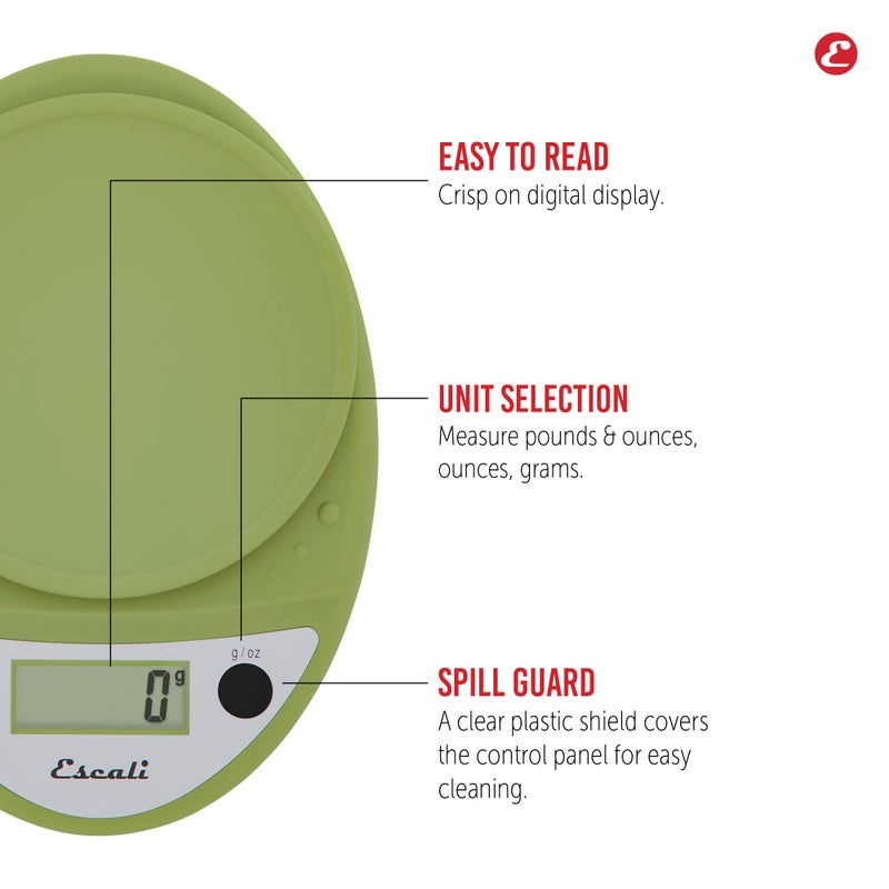 Escali Primo Digital Food Scale Multi-Functional Kitchen Scale and Baking Scale for Precise Weight Measuring and Portion Control, 8.5 x 6 x 1.5 inches, Tarragon Green - Image 3