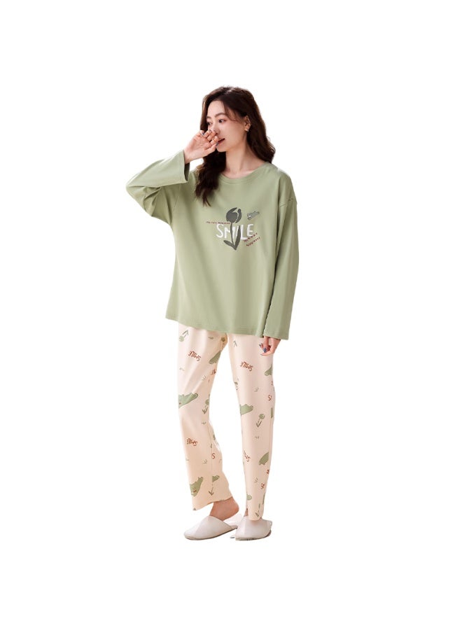 Your Sun Comfortable And Refreshing 100% Cotton Women's Pajamas Spring/autumn Round Neck Long Sleeve Set Home Wear Loose Fit Can Be Worn Outside - Image 4