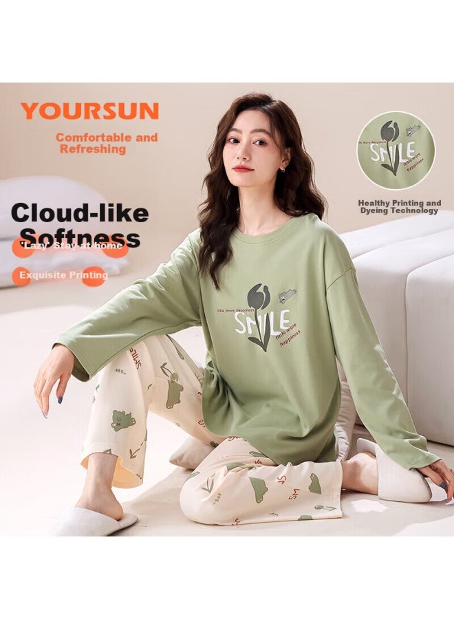 Your Sun Comfortable And Refreshing 100% Cotton Women's Pajamas Spring/autumn Round Neck Long Sleeve Set Home Wear Loose Fit Can Be Worn Outside - Image 1