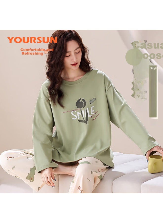 Your Sun Comfortable And Refreshing 100% Cotton Women's Pajamas Spring/autumn Round Neck Long Sleeve Set Home Wear Loose Fit Can Be Worn Outside - Image 2