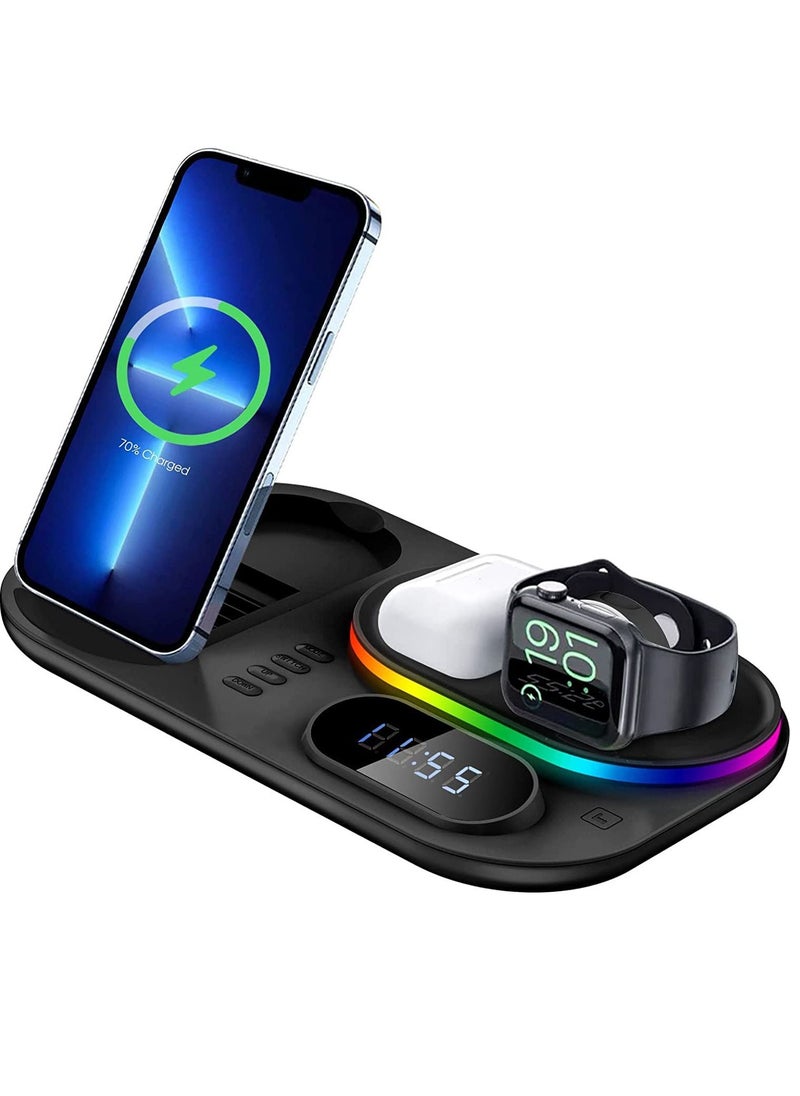 Generic - 4 in 1 Wireless Charger Station with Digital Clock and Night Light 30W Fast Wireless Charging Compatible with iPhone 13 12 Pro XR X 8 Plus  iWatch Samsung Galaxy S21 S20 (Black) - Image 1