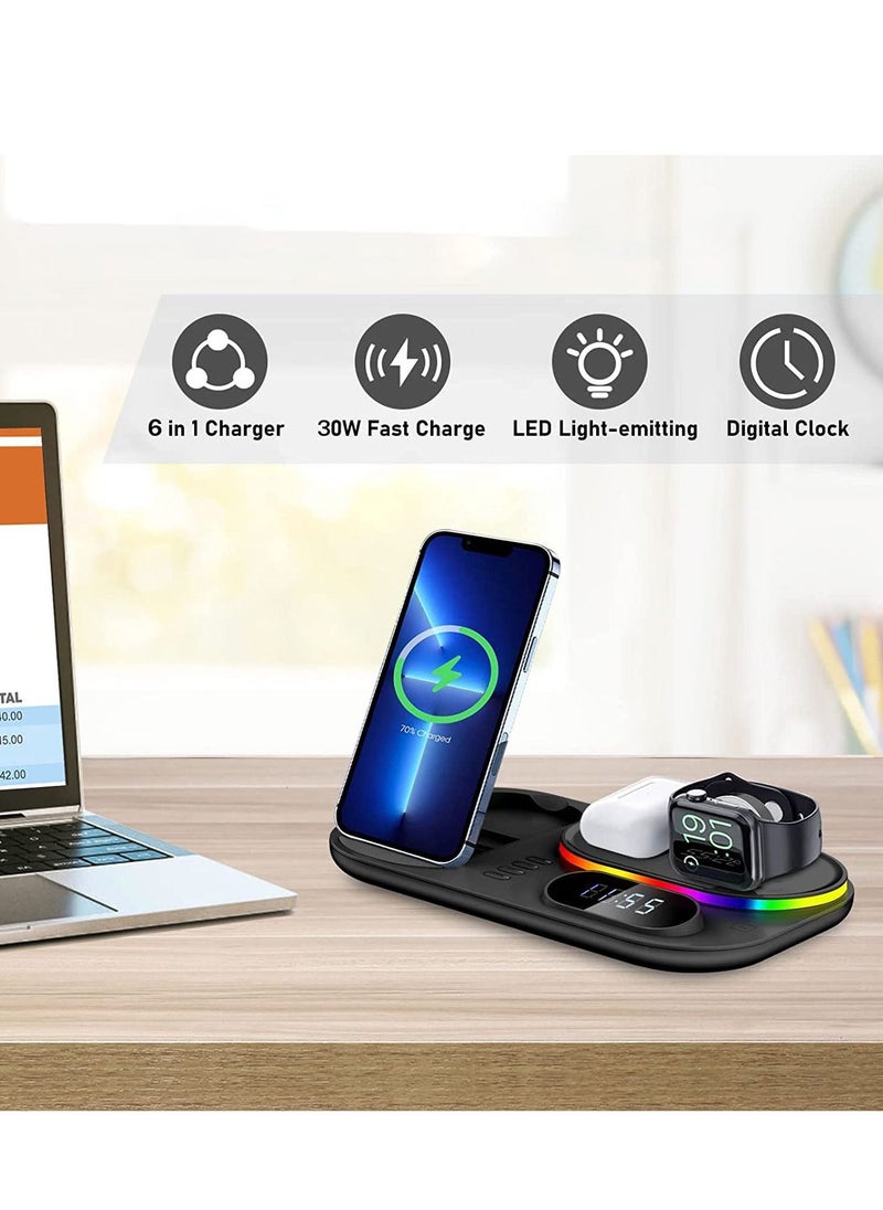 Generic - 4 in 1 Wireless Charger Station with Digital Clock and Night Light 30W Fast Wireless Charging Compatible with iPhone 13 12 Pro XR X 8 Plus  iWatch Samsung Galaxy S21 S20 (Black) - Image 1