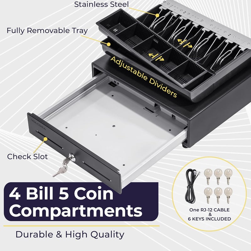 Volcora 13" Cash Register Drawer for Point of Sale (POS) System with Fully Removable 2 Tier Cash Tray, 4 Bill/5 Coin, 24V, RJ11/RJ12 Key-Lock, Double Media Slot, Small Money Drawer, Black - Image 3