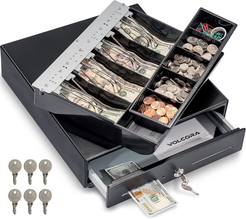 Volcora 13" Cash Register Drawer for Point of Sale (POS) System with Fully Removable 2 Tier Cash Tray, 4 Bill/5 Coin, 24V, RJ11/RJ12 Key-Lock, Double Media Slot, Small Money Drawer, Black - Image 1