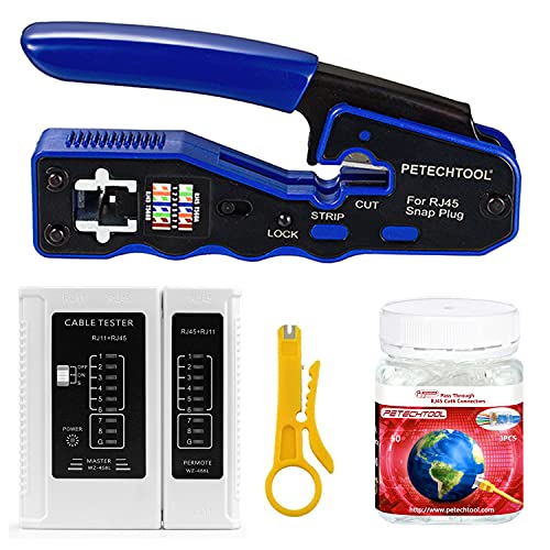 PETECHTOOL RJ45 Crimp Tool All-in-one Crimping tool Ethernet Wire Crimper Stripper Cutter for Cat5e Cat6 Cat6a Pass Through Connectors with 50pcs Cat6 Connectors and 1Pc cable tester and stripper - Image 1