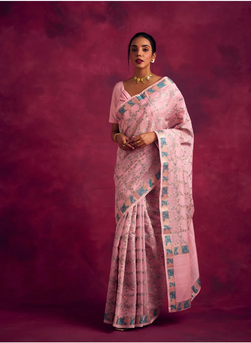 Abhishti Banarasi sakura checks woven zari saree-Sakura pink