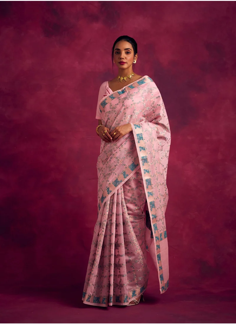 Abhishti Banarasi sakura checks woven zari saree-Sakura pink