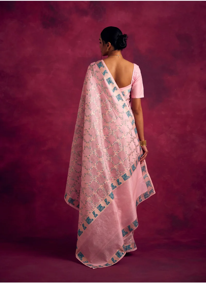 Abhishti Banarasi sakura checks woven zari saree-Sakura pink