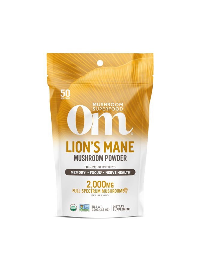 Om Mushroom Superfood Lion's Mane Organic Mushroom Powder, Improves Memory, Focus, Clarity, Nerve Health, and Mood Support, 3.5 oz, 50 Servings Powder Supplement Pouch - Image 1