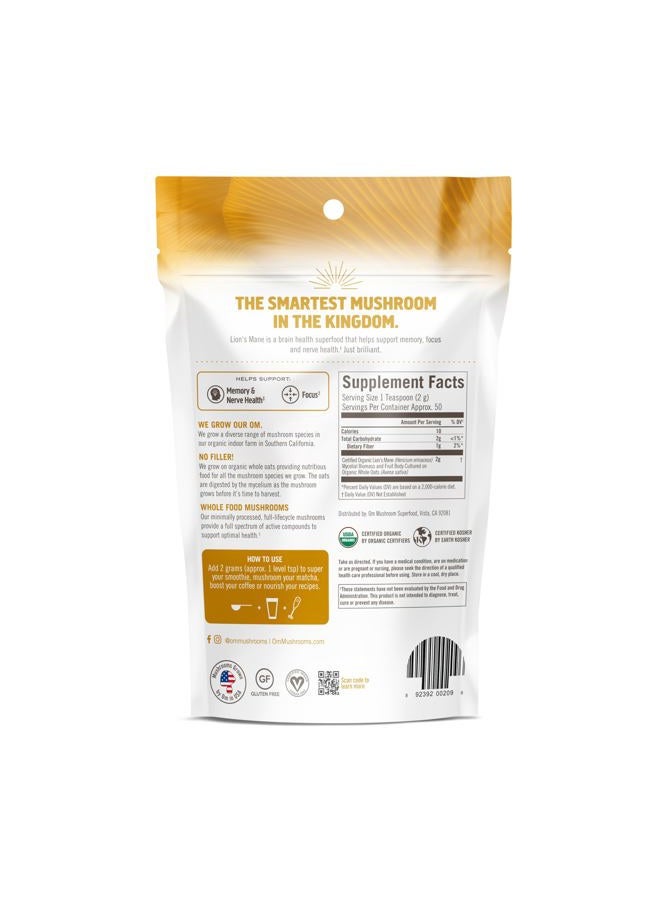 Om Mushroom Superfood Lion's Mane Organic Mushroom Powder, Improves Memory, Focus, Clarity, Nerve Health, and Mood Support, 3.5 oz, 50 Servings Powder Supplement Pouch - Image 2