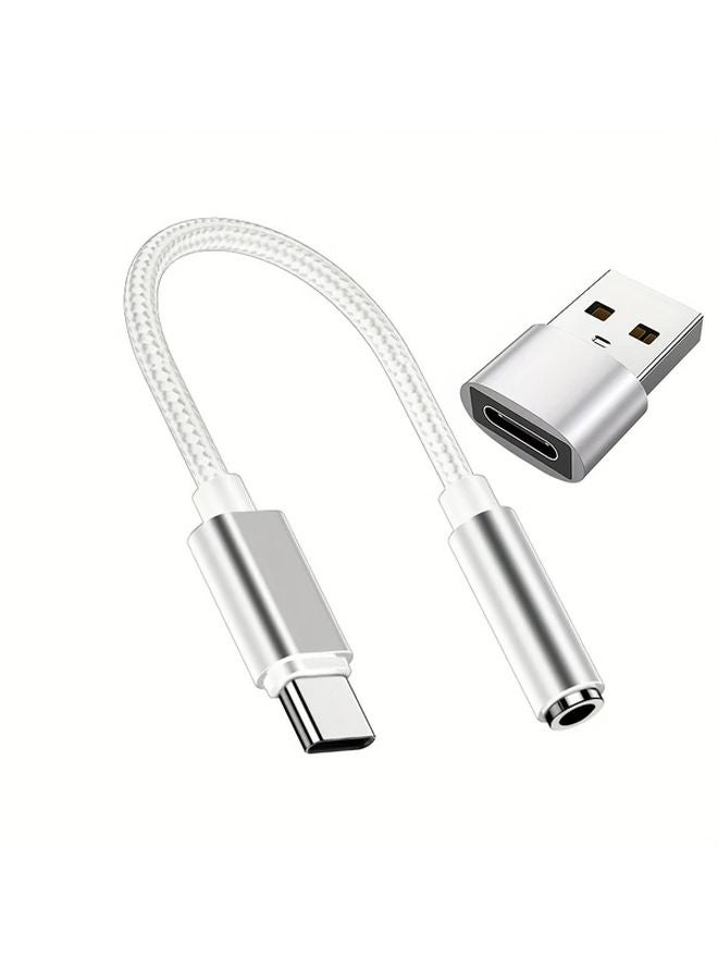 2 Pack Silvery USB C to 35mm Audio Jack Headphone Adapter for Samsung Galaxy iPad OnePlus - Image 1
