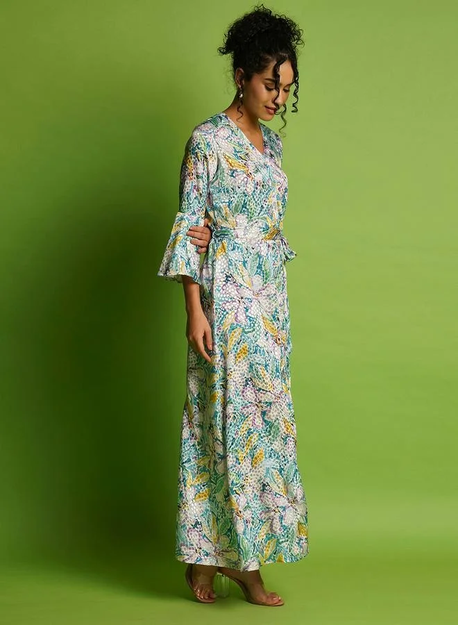 globus Globus Floral Print Bell Sleeves Front Slit A-Line Belted Maxi Dress