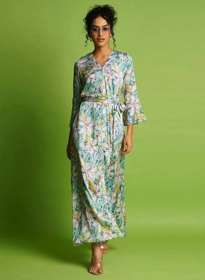 globus Globus Floral Print Bell Sleeves Front Slit A-Line Belted Maxi Dress