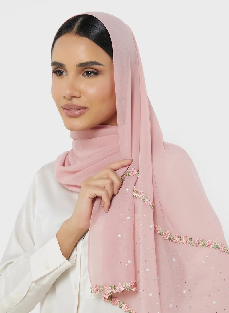Khizana Rose Pearl Detail Long Hijab Scarf