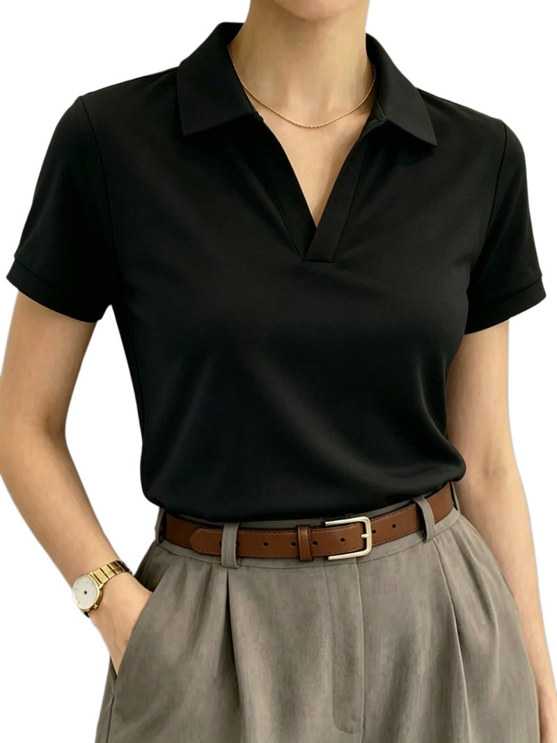 Women'S Slim Fit Straight Shoulder Polo Shirt Fashionable Versatile Short Sleeve T - Shirt Summer Breathable Casual Top - Pure Black / S - Image 1