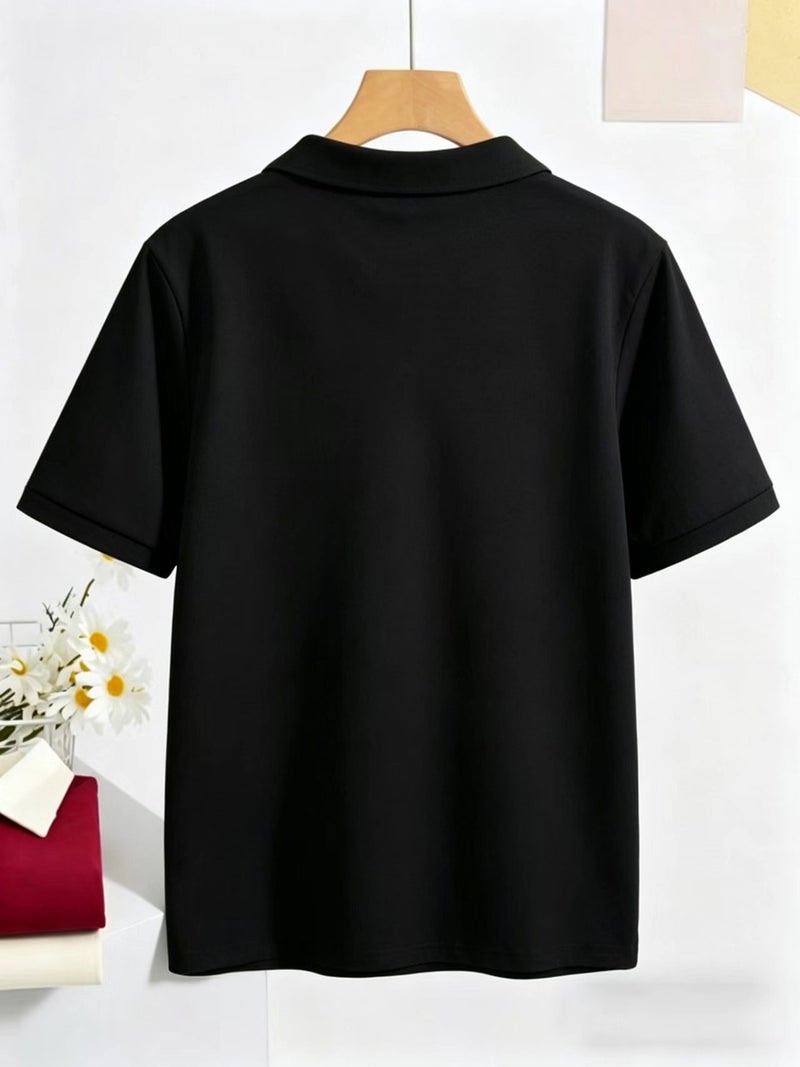 Women'S Slim Fit Straight Shoulder Polo Shirt Fashionable Versatile Short Sleeve T - Shirt Summer Breathable Casual Top - Pure Black / S - Image 2