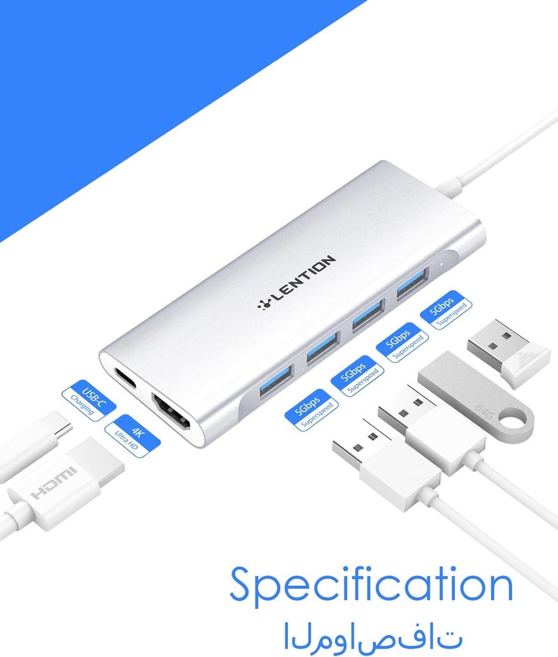 Lention USB C Hub Multiport with 4K HDMI Output, 100W PD, 4 USB 3.0, Type C Charging Adapter Compatible 2025-2016 MacBook Pro/Air, New Mac Air & Surface, Chromebook, More (CB-C35, Silver) - Image 3