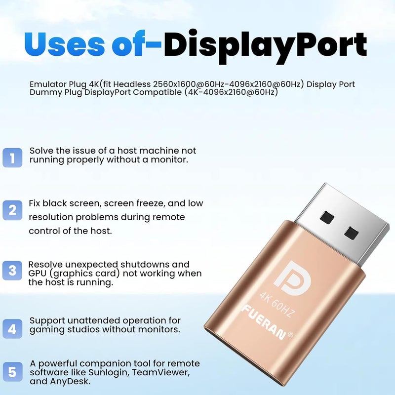 فييران DP - قابس محاكي شاشة DisplayPort EDID 2K (مناسب للرأس 2560x1600@30Hz) 4K 4096x2160@60Hz قابس وهمي DisplayPort متوافق مع DisplayPort (4K-4096x2160@60Hz-2P) - Image 3