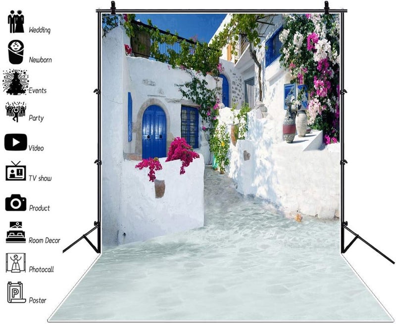 Laeacco 5x7ft Greece Backdrop Romantic Santorini Wedding Photo Backdrop Aegean Sea Greek Architecture White Stone House Flowers Momma Mia Theme Birthday Party Background Family Party Photo Studio Prop - Image 3