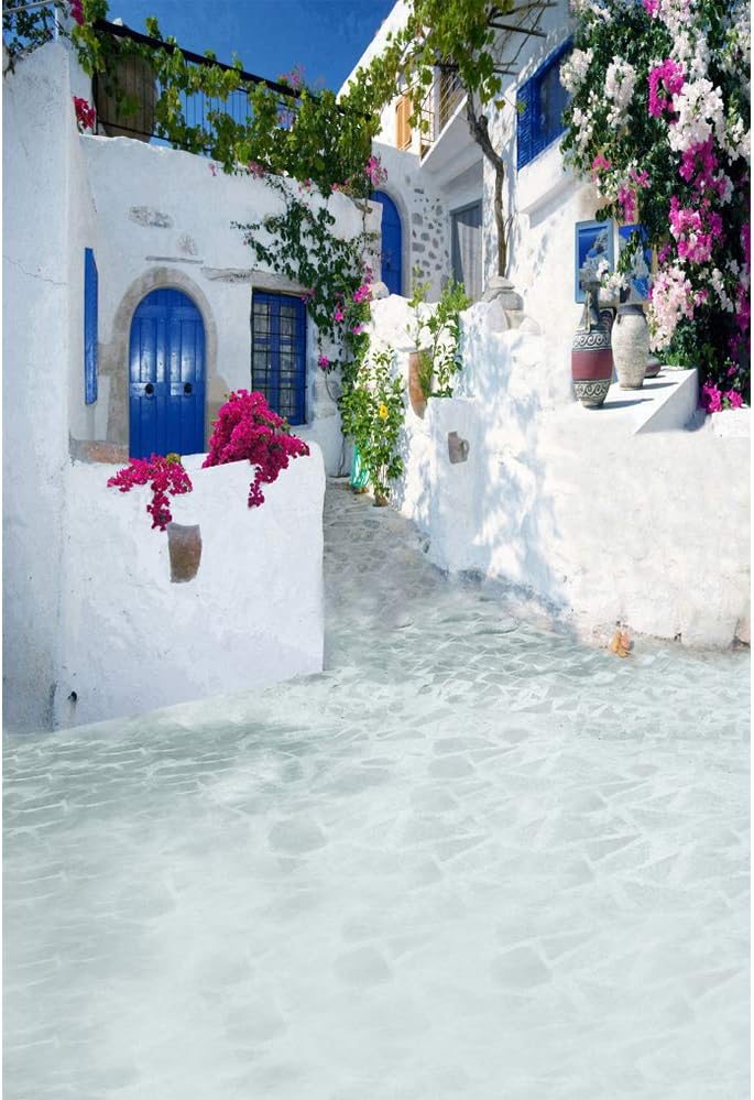 Laeacco 5x7ft Greece Backdrop Romantic Santorini Wedding Photo Backdrop Aegean Sea Greek Architecture White Stone House Flowers Momma Mia Theme Birthday Party Background Family Party Photo Studio Prop - Image 1