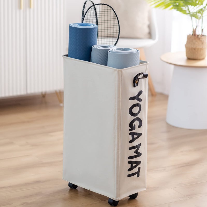 Twira Yoga Mat Storage Racks 22'', Home Gym Storage Rack for Foam Roller, Yoga Strap and Resistance Bands, Workout Equipment Corner Storage Organizer with Wheels (White) - Image 1