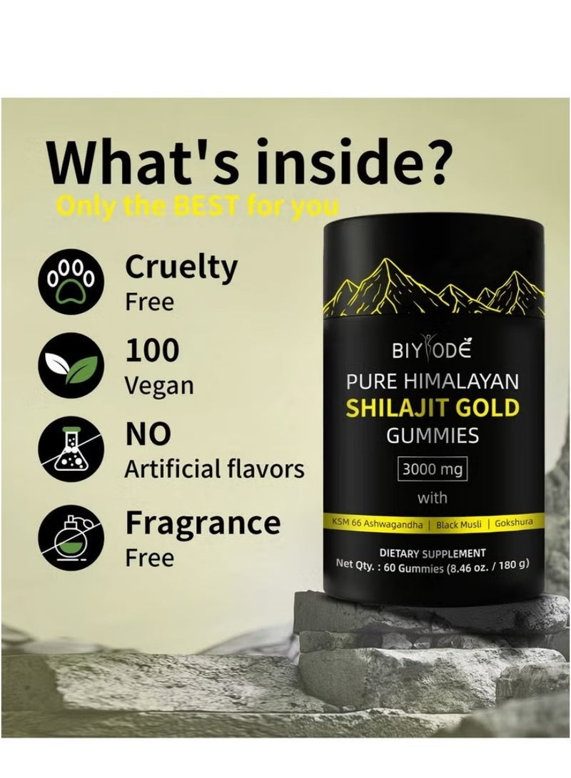 BIYODE Pure Himalayan Shilajit Gummies Gold Lab Tested No Added Sugar Ashwagandha Gokshura Fulvic Acid 60 Trace Minerals for Men Women Non-GMO 100% Natural Organic 60 Gummy - Image 2