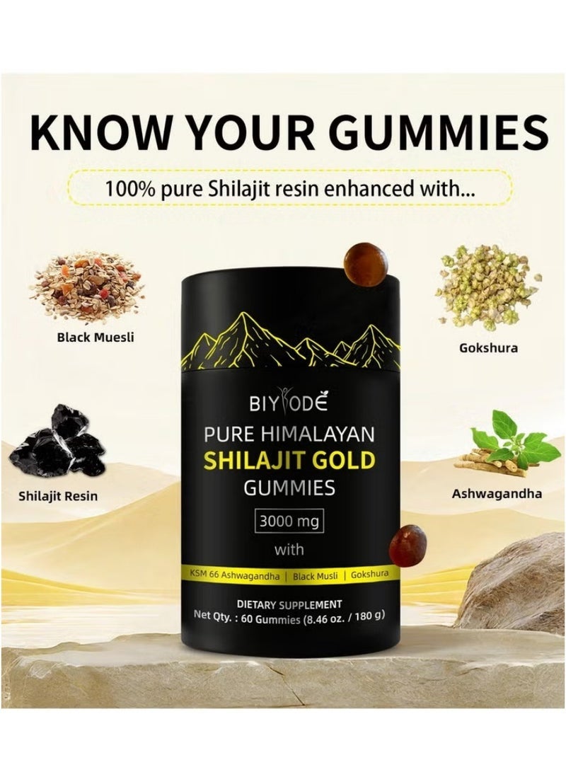 BIYODE Pure Himalayan Shilajit Gummies Gold Lab Tested No Added Sugar Ashwagandha Gokshura Fulvic Acid 60 Trace Minerals for Men Women Non-GMO 100% Natural Organic 60 Gummy - Image 3