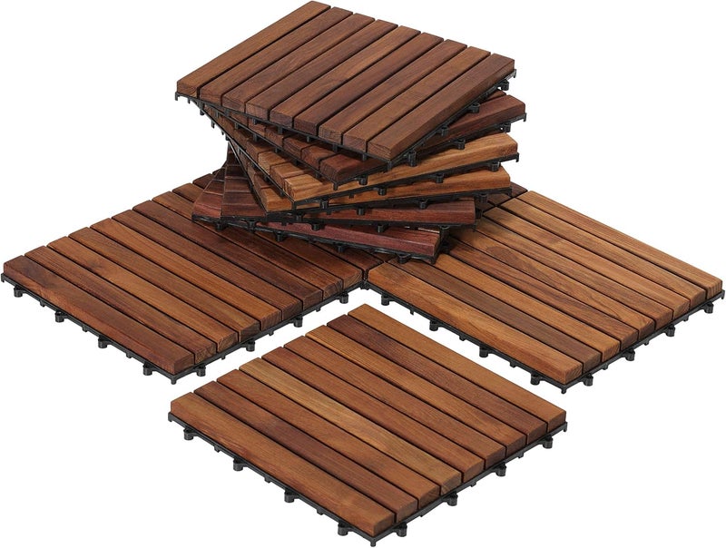 Bare Decor EZ-Floor Interlocking Flooring Tiles in Solid Teak Wood Oiled Finish (Set of 10), Long 9 Slat - Image 1