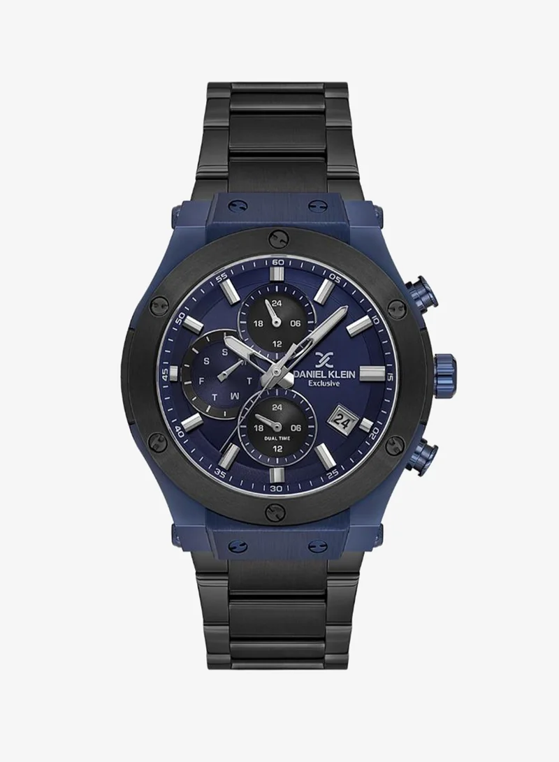 DANIEL KLEIN Men's Stainless Steel Silver and Black Brass Case Analog Dark Blue Round Sunray Dial Japanese Quartz Exclusive 50 Meters Water Resistant