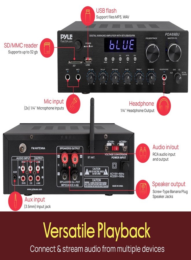 Pyle Stereo Amplifier Audio Receiver with Remote Control - Bluetooth Streaming, MP3/USB/SD/FM Radio, 2.0 Channel HiFi Sound System with RCA/Aux Inputs, Microphone & Headphone Jacks, Adjustable Bass - Image 2