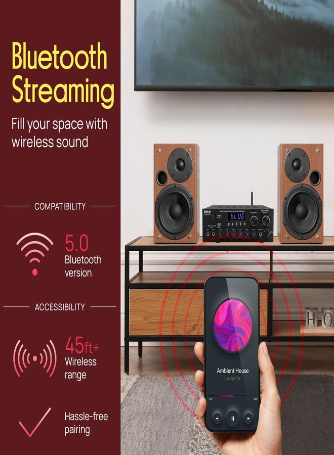 Pyle Stereo Amplifier Audio Receiver with Remote Control - Bluetooth Streaming, MP3/USB/SD/FM Radio, 2.0 Channel HiFi Sound System with RCA/Aux Inputs, Microphone & Headphone Jacks, Adjustable Bass - Image 3