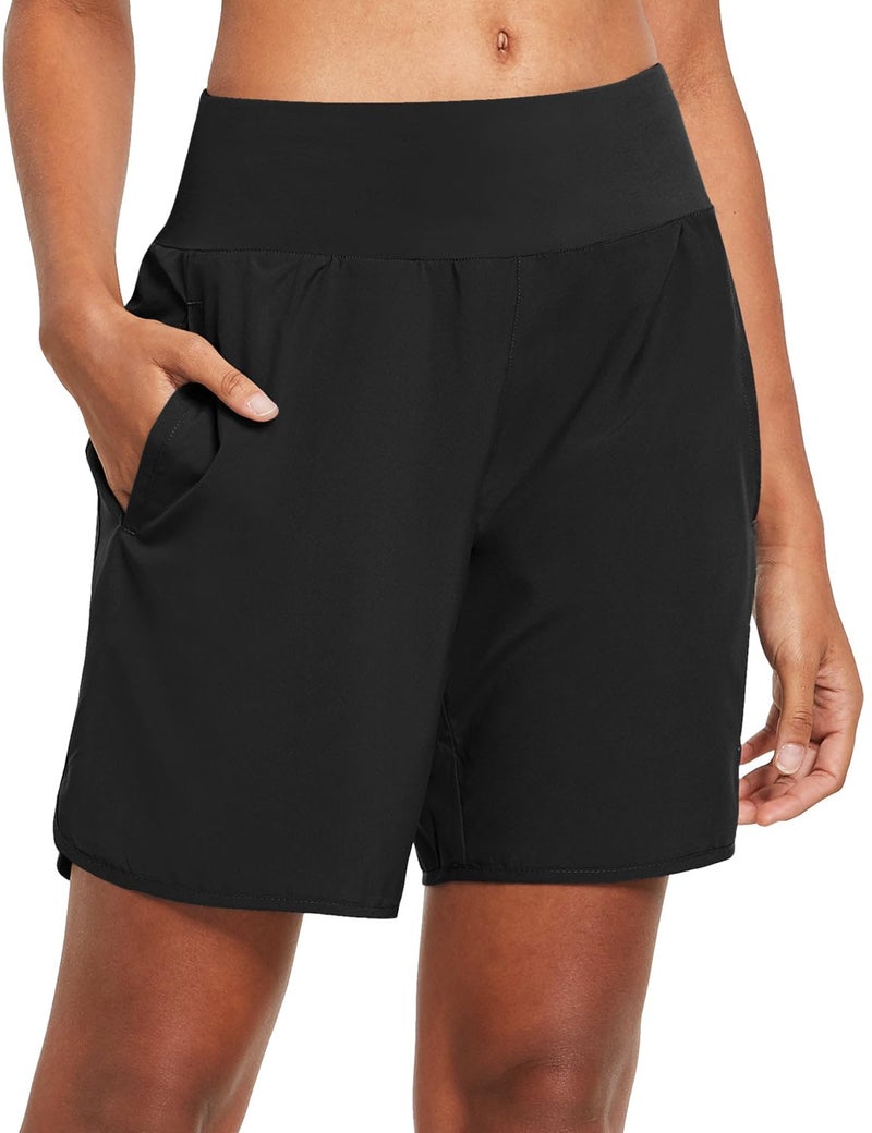 baleaf Womens' 7" Long Running Athletic Shorts Back Zipper Pocket Workout Gym Shorts Quick Dry High Waist with Liner Black Size L - Image 1
