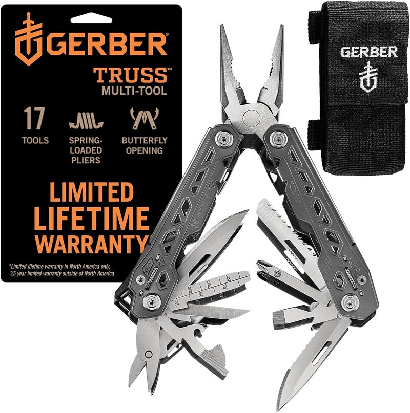 Gerber Gear Truss 17-in-1 EDC Needle Nose Pliers Multi tool - includes Pocket Knife, Screwdriver, and Bottle Opener Accessories - Gifts for Men, Fishing and Camping Gear - Gray with Standard Sheath - Image 1