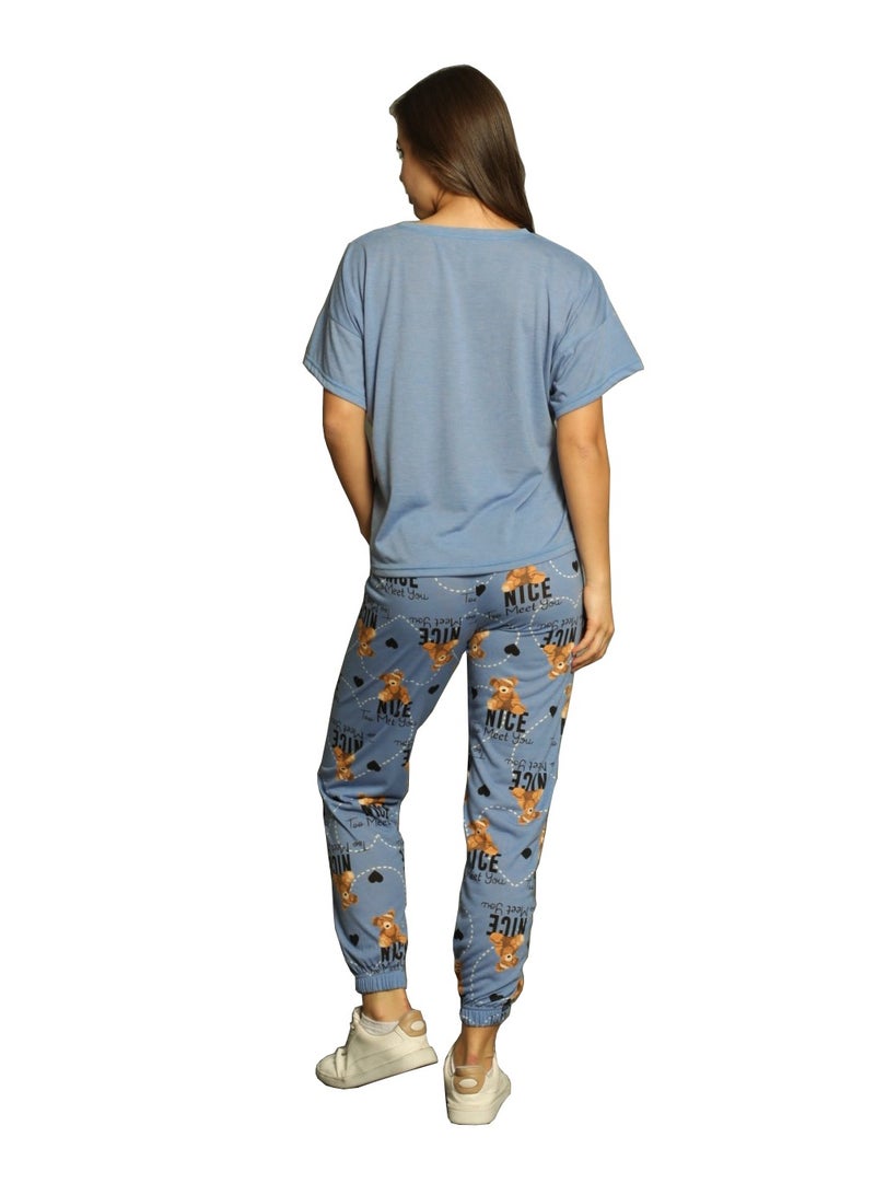 بويراز طقم بيجامة من القطن التركي المطبوع من قطعتين أزرق - Image 3