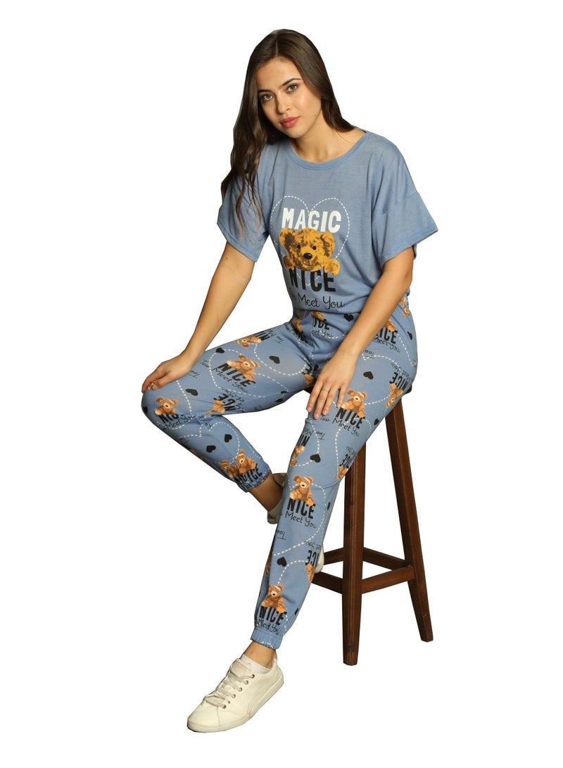 بويراز طقم بيجامة من القطن التركي المطبوع من قطعتين أزرق - Image 2