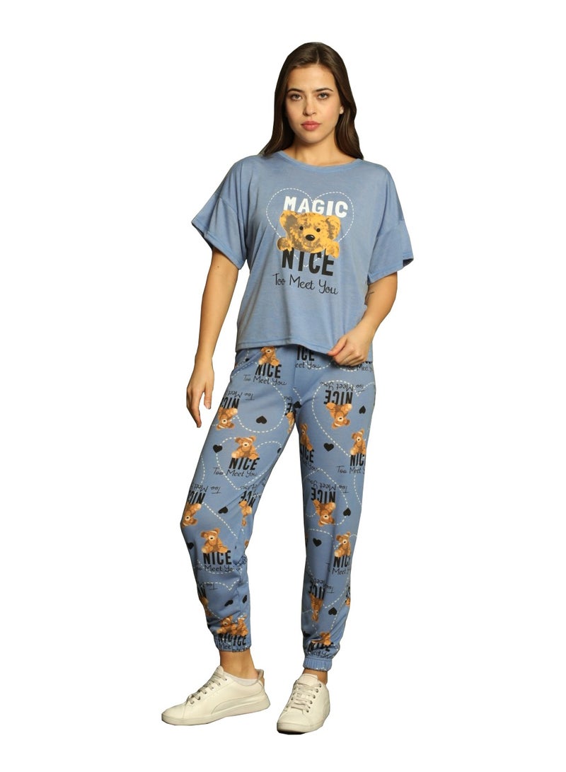 بويراز طقم بيجامة من القطن التركي المطبوع من قطعتين أزرق - Image 1