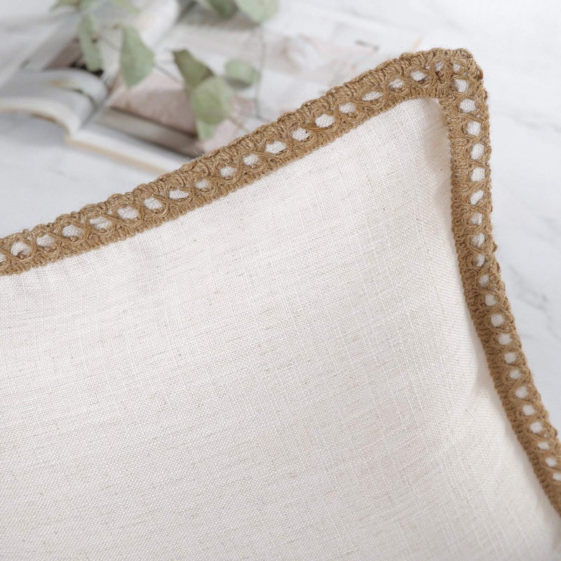 Phantoscope Farmhouse Solid Throw Decorative Pillow Cover Burlap Linen Trimmed Tailored Edges Outdoor Pillow Off White 20 x 20 inches, 50 x 50 cm, Pack of 1 - Image 2