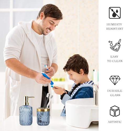 RRM Glass Bathroom Accessories Set, 2PCS Clear Glass Bathroom Accessory, Toothbrush Holder and Soap Dispenser Set for Modern Bathroom Decor(Blue) - Image 5