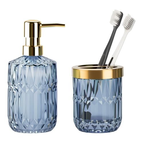 RRM Glass Bathroom Accessories Set, 2PCS Clear Glass Bathroom Accessory, Toothbrush Holder and Soap Dispenser Set for Modern Bathroom Decor(Blue) - Image 1