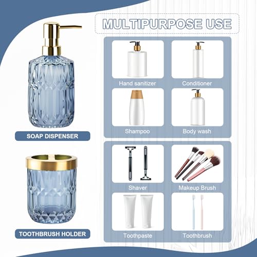 RRM Glass Bathroom Accessories Set, 2PCS Clear Glass Bathroom Accessory, Toothbrush Holder and Soap Dispenser Set for Modern Bathroom Decor(Blue) - Image 2