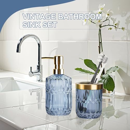 RRM Glass Bathroom Accessories Set, 2PCS Clear Glass Bathroom Accessory, Toothbrush Holder and Soap Dispenser Set for Modern Bathroom Decor(Blue) - Image 4