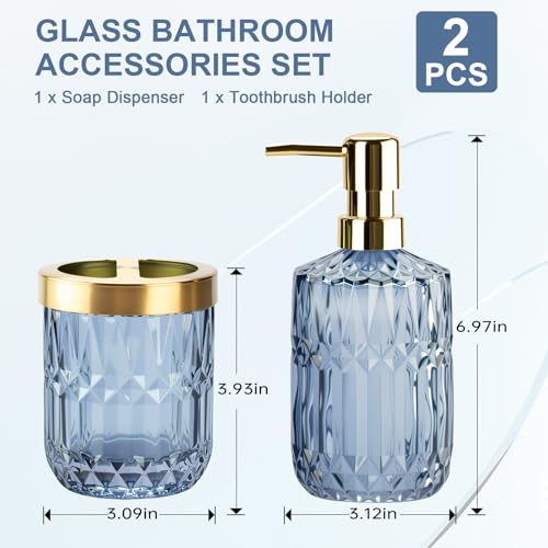 RRM Glass Bathroom Accessories Set, 2PCS Clear Glass Bathroom Accessory, Toothbrush Holder and Soap Dispenser Set for Modern Bathroom Decor(Blue) - Image 3
