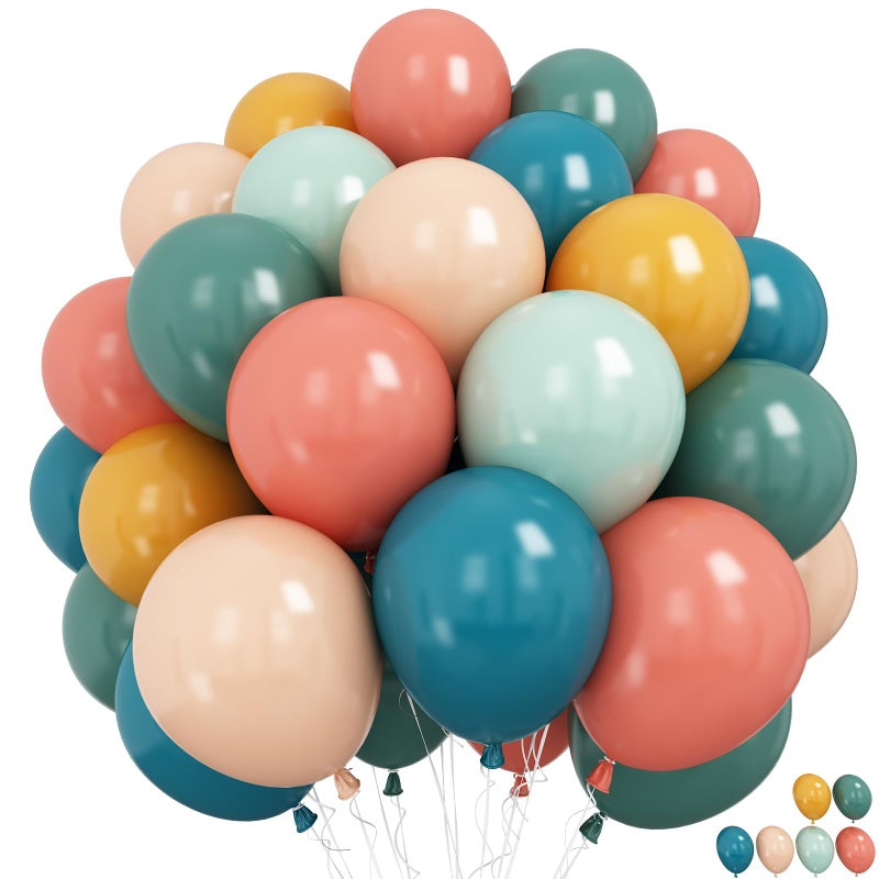 Froova Boho Rainbow Balloons 60 Pcs Retro Teal Blue Blush Pink Dark Light Orange Yellow Sage Green Dusty Blue Balloon Colorful Balloons for Thanksgiving Fall Autumn Baby Shower Decor Safari Birthday - Image 1