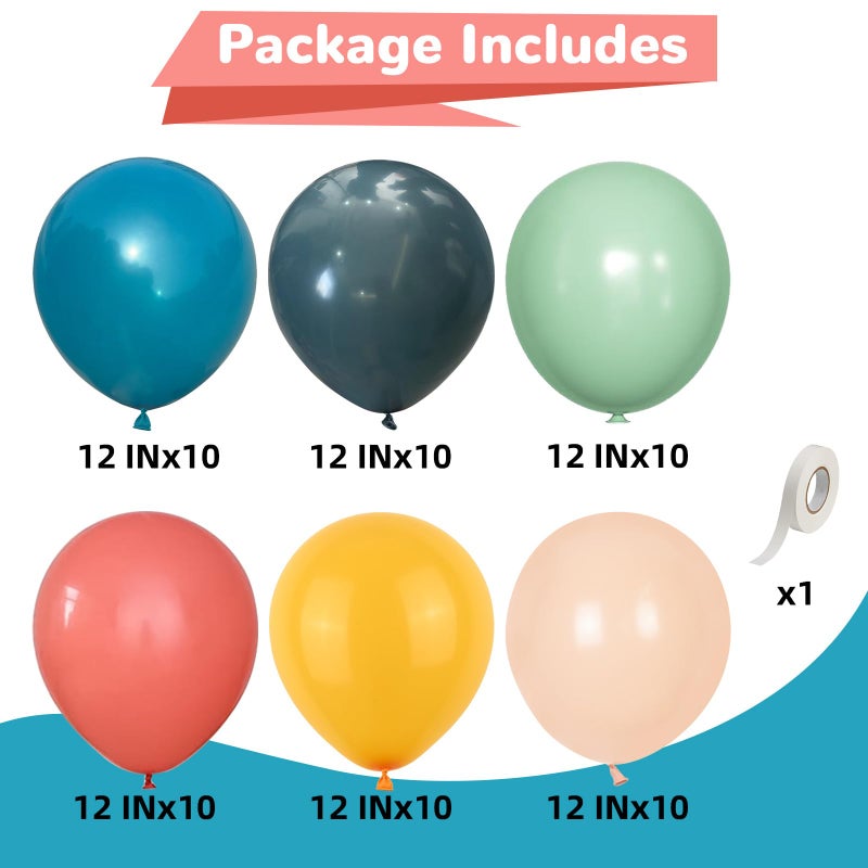 Froova Boho Rainbow Balloons 60 Pcs Retro Teal Blue Blush Pink Dark Light Orange Yellow Sage Green Dusty Blue Balloon Colorful Balloons for Thanksgiving Fall Autumn Baby Shower Decor Safari Birthday - Image 2
