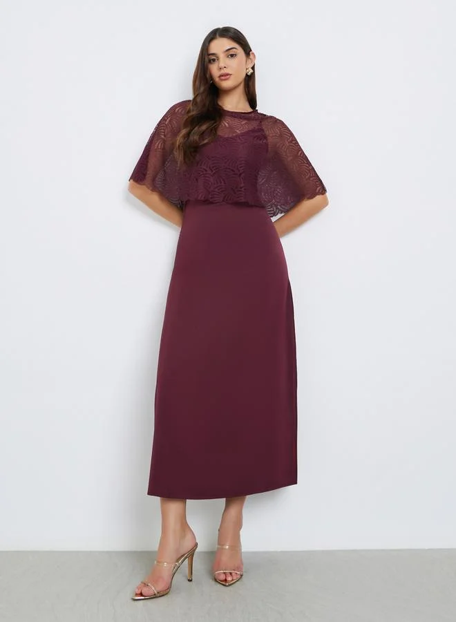 Styli  Styli Burgundy Lace Insert Maxi Evening Dress for Women | Best Price UAE