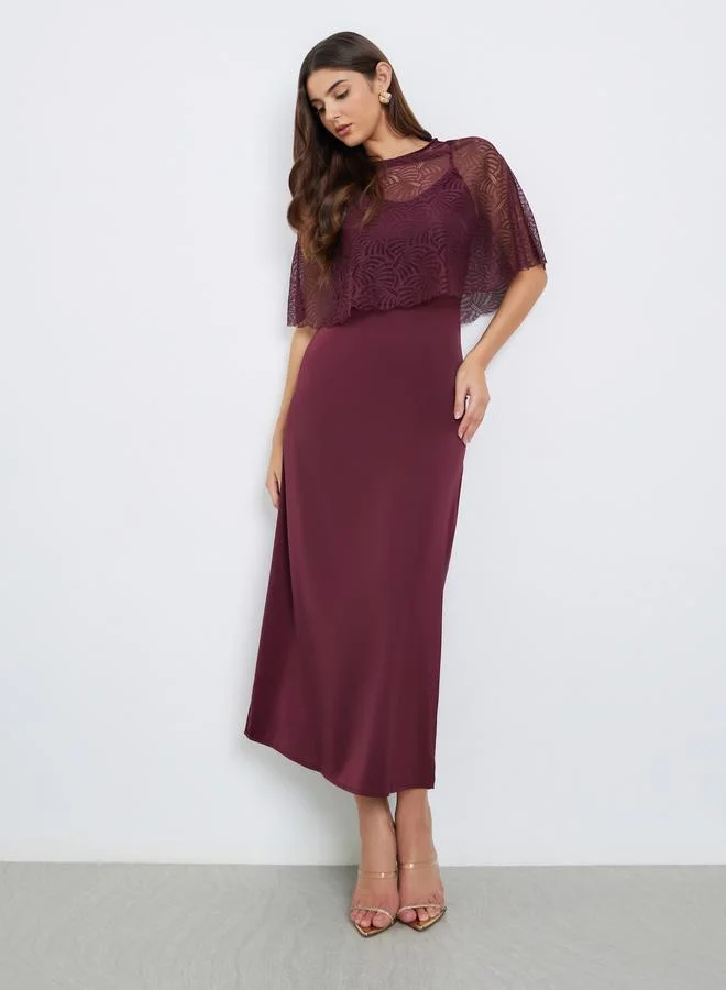 Styli  Styli Burgundy Lace Insert Maxi Evening Dress for Women | Best Price UAE