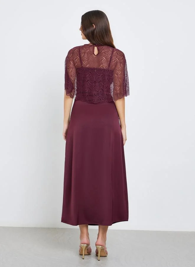 Styli  Styli Burgundy Lace Insert Maxi Evening Dress for Women | Best Price UAE