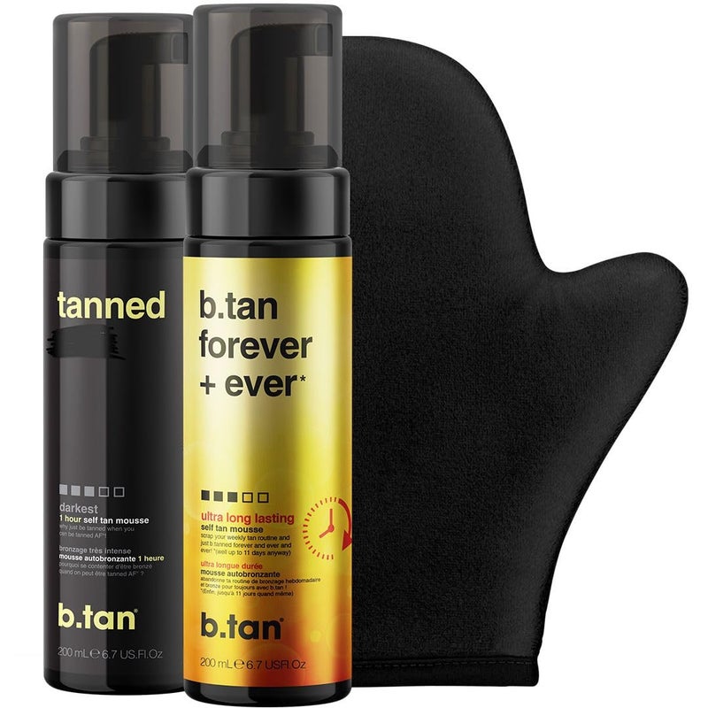 b tan b.tan Dark & Long Lasting Self Tan Kit | Besties Bundle - Dark Tanning Mousse Duo with Mitt Applicator Glove, 1 Hour Express, Fast Sunless Tanner, Face & Body, No Fake Tan Smell, Vegan & Cruelty Free - Image 1