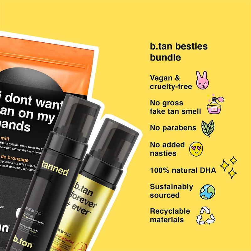 b tan b.tan Dark & Long Lasting Self Tan Kit | Besties Bundle - Dark Tanning Mousse Duo with Mitt Applicator Glove, 1 Hour Express, Fast Sunless Tanner, Face & Body, No Fake Tan Smell, Vegan & Cruelty Free - Image 3