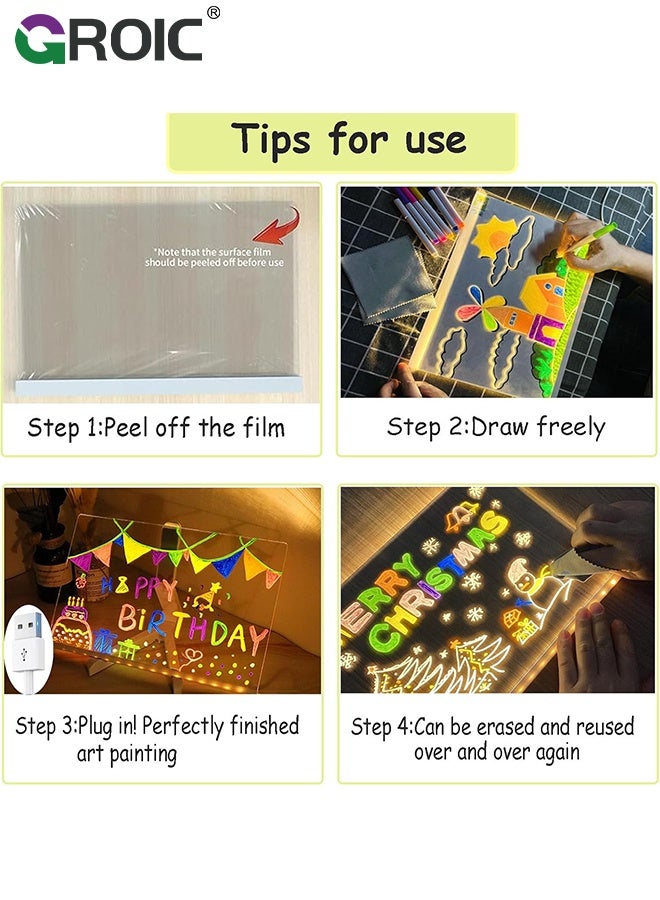 GROIC لوحة ملاحظات LED ملونة، 20X30X20CM، لوحة رسائل أكريليك مضيئة، لوحة أكريليك قابلة للمسح الضوئي، لوحة رسم LED مع حامل، 7 علامات، للمكتب والمدرسة والمنزل، لوحة جرافيتي للأطفال - Image 3